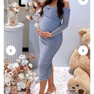 NWT Momyknows Blue Ruched Off Shoulder Cross Chest Bodycon Maternity Midi Dress